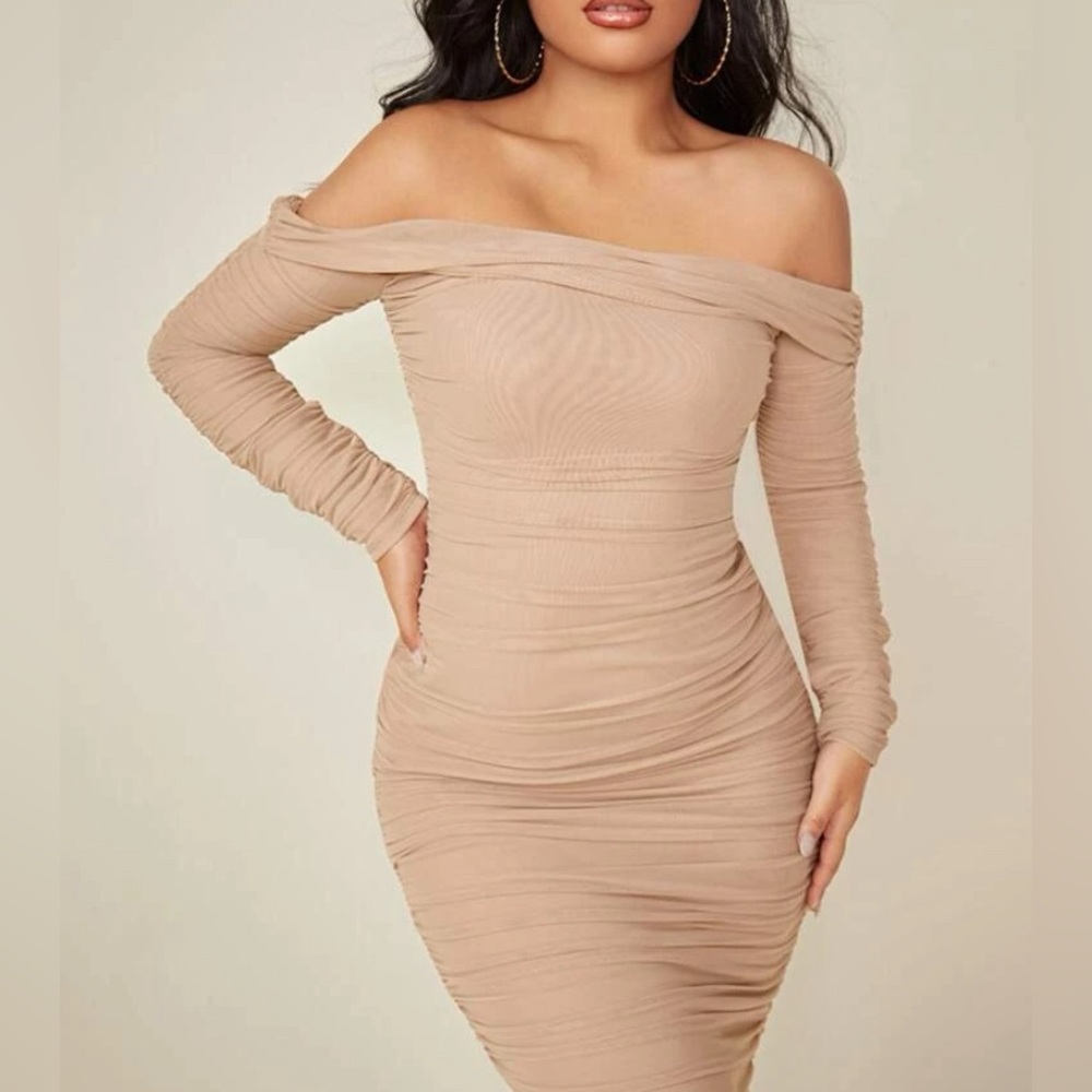 SHEIN SXY Ruched Off Shoulder Mesh Bodycon Dress
